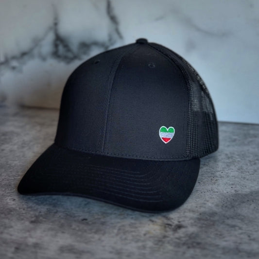 Embroidered Green White and Red Heart Trucker Hat