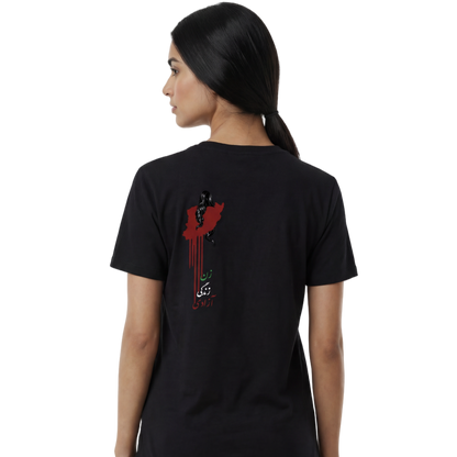 Person wearing a black t-shirt with a design on the back, standing against a white background