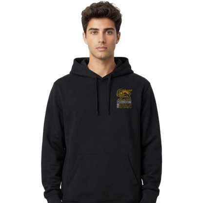 Man wearing a black hoodie with a logo on a white background