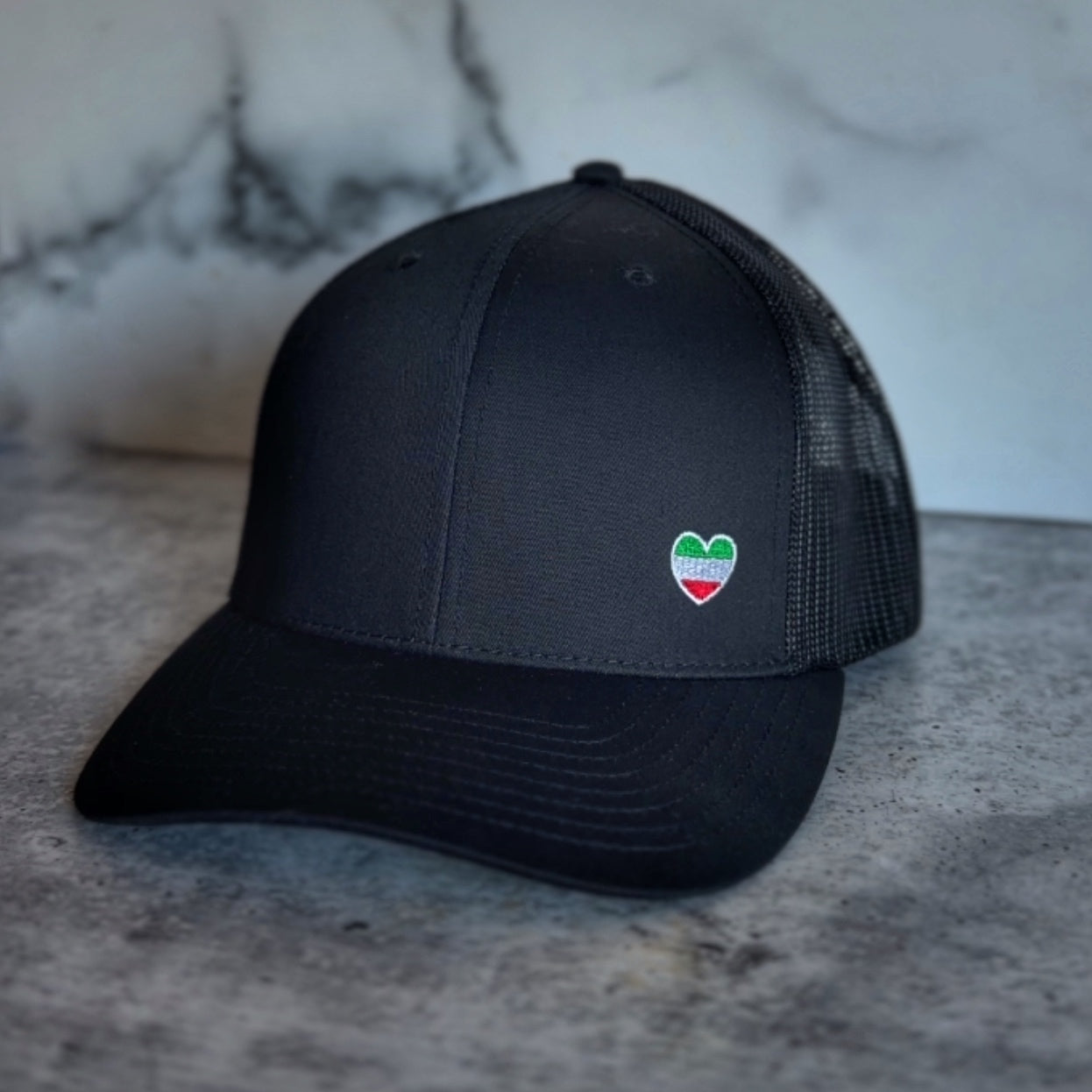 Embroidered Green White and Red Heart Trucker Hat