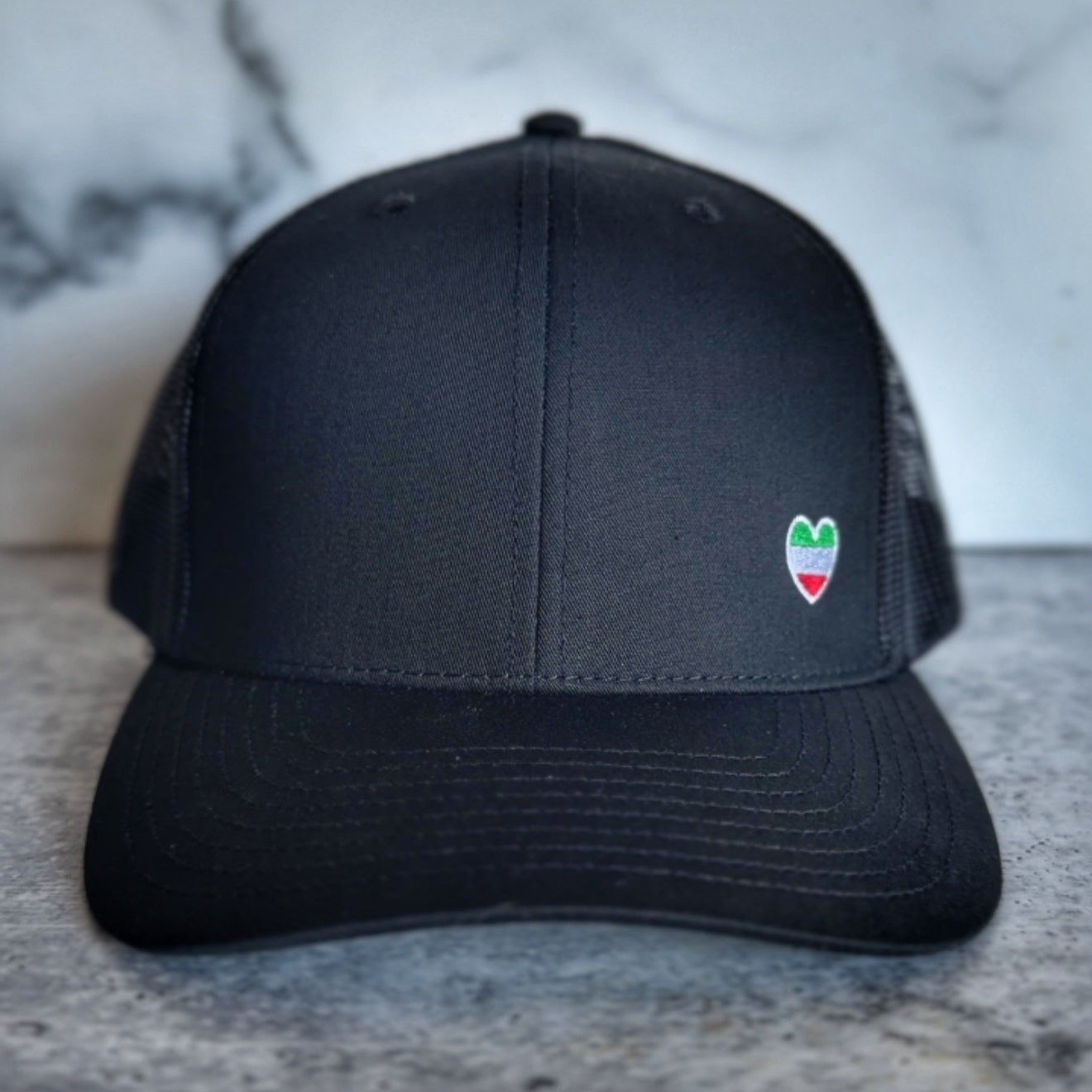 Embroidered Green White and Red Heart Trucker Hat