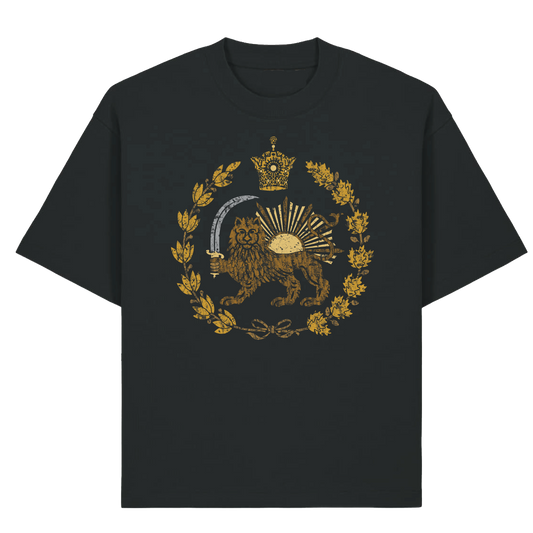 Black t-shirt with gold lion emblem design on a white background